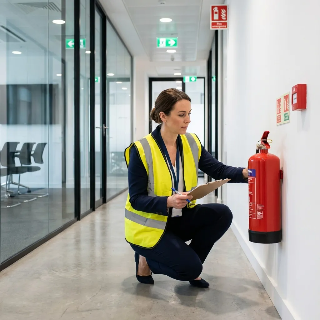 Professional fire risk assessor inspecting fire safety equipment in a UK commercial building