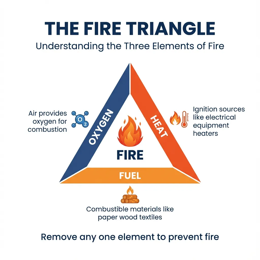 Fire Triangle Infographic showing the three elements of fire: Heat, Fuel, and Oxygen