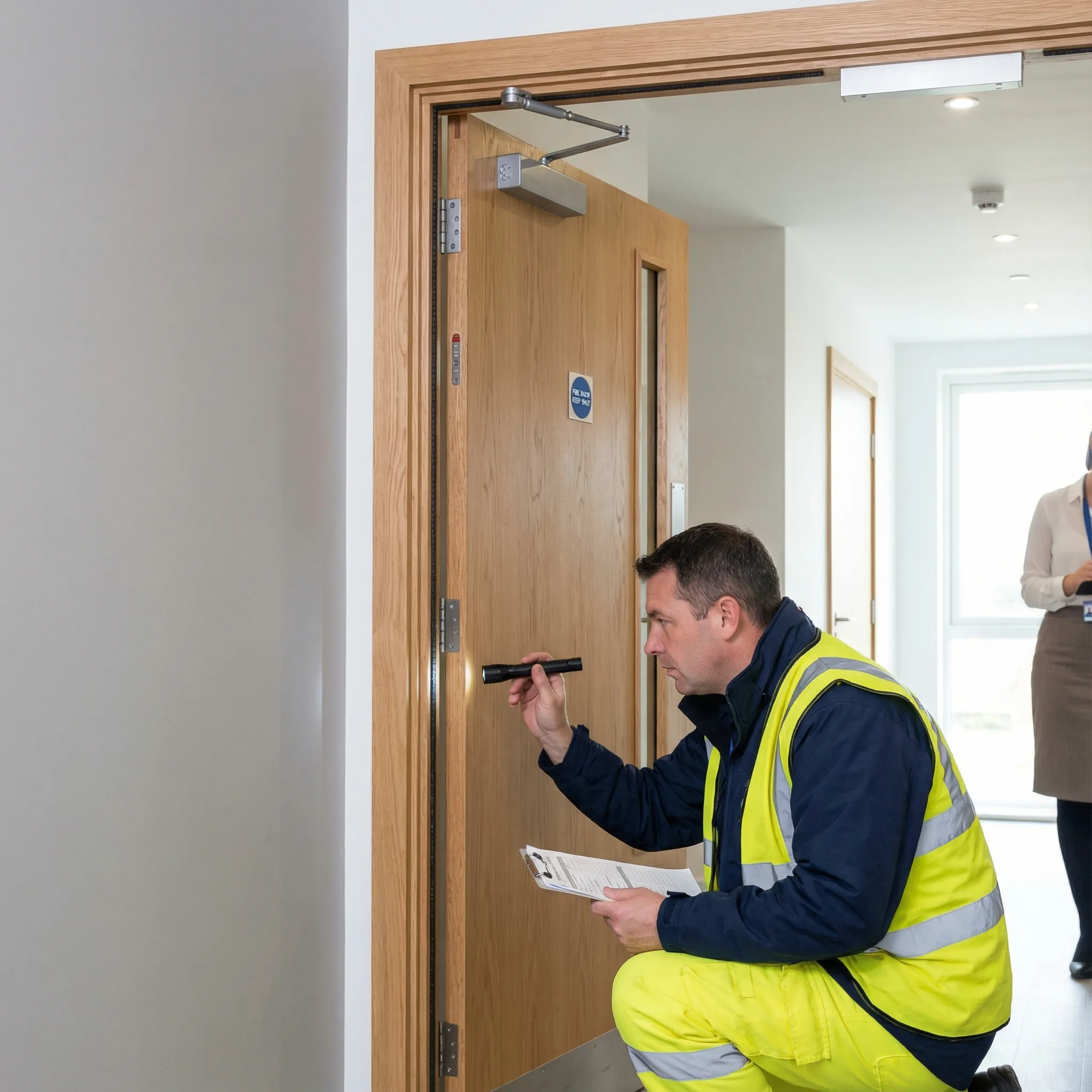 Fire door inspection being carried out in a residential block