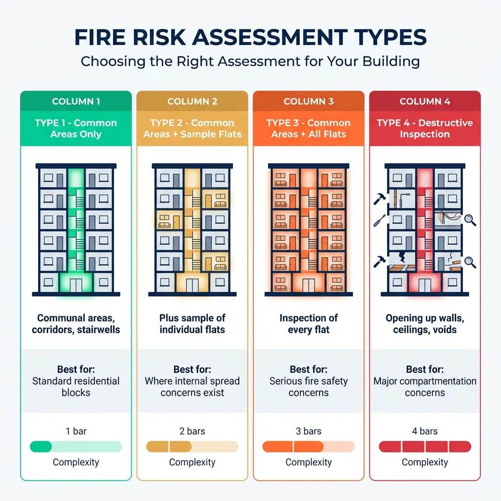 Fire Risk Assessment Types 1-4 comparison showing scope and requirements for each type
